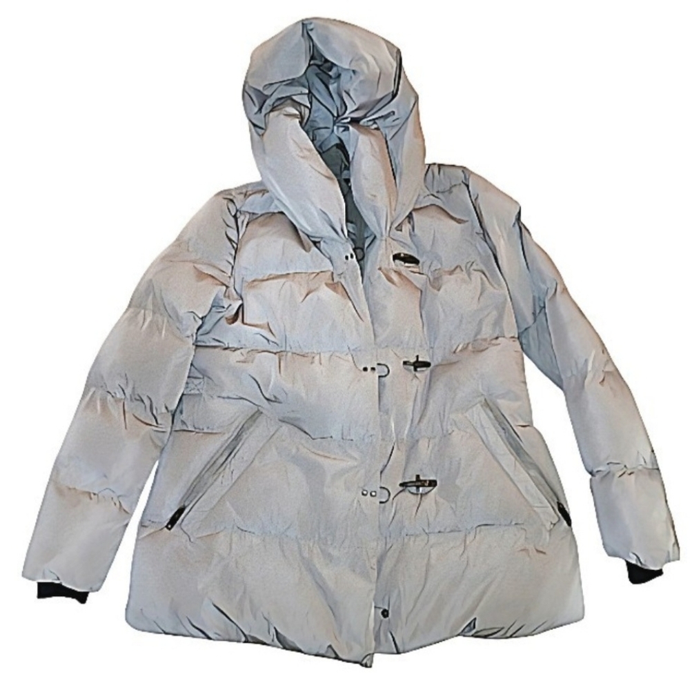 DKNY Light Gray Hooded Bomber Jacket, Full Zip, Size L